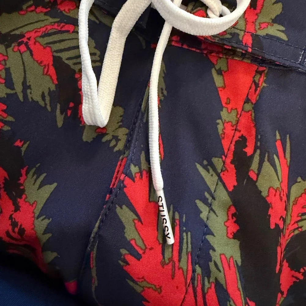 Stussy‎ Wild Palm Trunk Board Shorts Men 33 Med Navy Blue Red Swim Trunks NWOT
